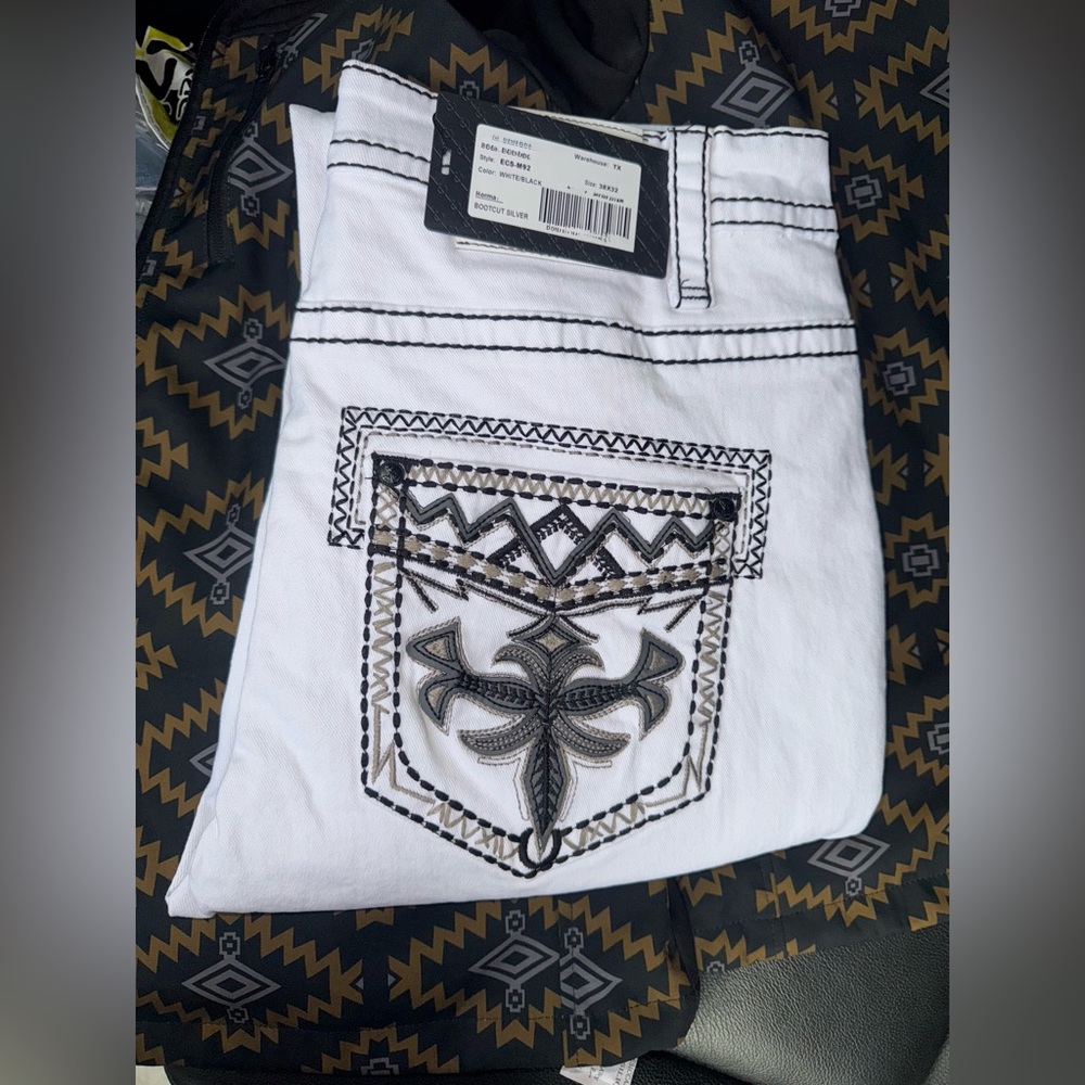 Ow boy White Jeans with Black Embroidered Pocket